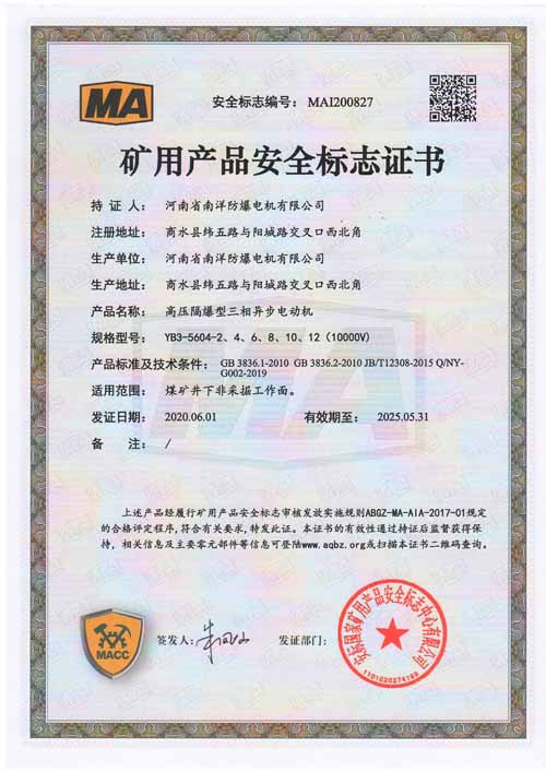YB3高压防爆电机安全标志证书